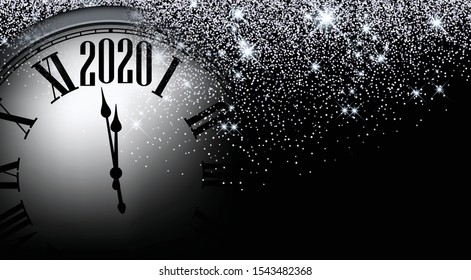 Black and silver shiny 2020 New Year background with clock. Beautiful Christmas greeting card. Vector illustration.
