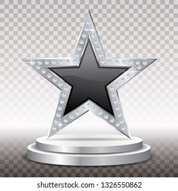 black silver star with diamonds on silver podium, vector template for cosmetics, show business or something else