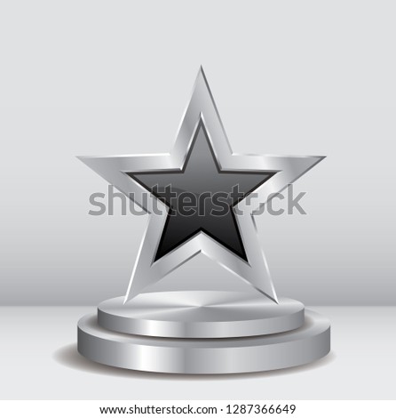 black and silver star on silver podium, vector template for cosmetics, show business, sports or something else