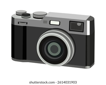 A black and silver vintage photo camera with a white background