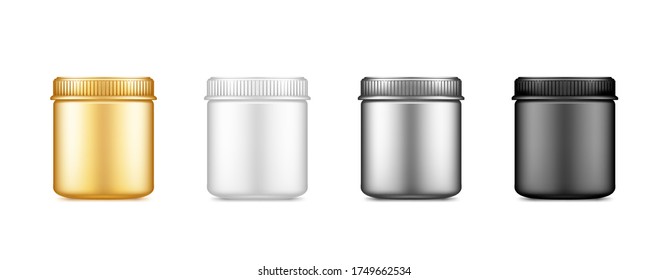 Black, silver,gold, white plastic jar mockup isolated from background. Packaging design. Blank sport, householding or dietary nutrition, healthcare bottle template. 3d realistic vector illustration