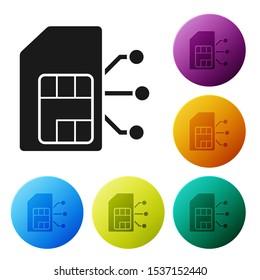Black Sim card icon isolated on white background. Mobile cellular phone sim card chip. Mobile telecommunications technology symbol. Set icons colorful circle buttons. Vector Illustration