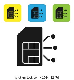 Black Sim card icon isolated on white background. Mobile cellular phone sim card chip. Mobile telecommunications technology symbol. Set of colorful square icon buttons. Vector Illustration