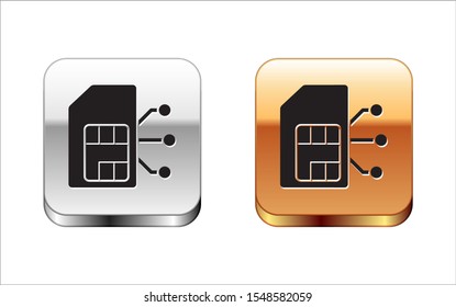 Black Sim card icon isolated on white background. Mobile cellular phone sim card chip. Mobile telecommunications technology symbol. Silver-gold square button. Vector Illustration
