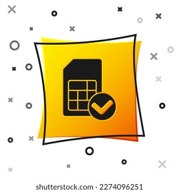 Schwarzes Sim-Kartensymbol einzeln auf weißem Hintergrund. Handy-Sim-Card-Chip. Symbol für Mobilfunk-Technologie. Gelber Quadrat-Knopf. Vektorgrafik