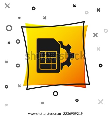 Black Sim card setting icon isolated on white background. Mobile cellular phone sim card chip. Mobile telecommunications technology symbol. Yellow square button. Vector