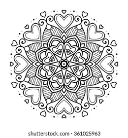 Black Simple Asian Mandala With Hearts, Abstract Vector Illustration