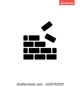 Black simple careful under construction brick icon, vector flat design building up brickwall industry material warning interface element for app ui ux web button isolated on white background