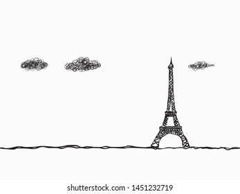 black simple childish continuous hand drawn  line art eiffel tower of paris, french on white background for wallpaper, label, banner, wrapping etc. vector design.
