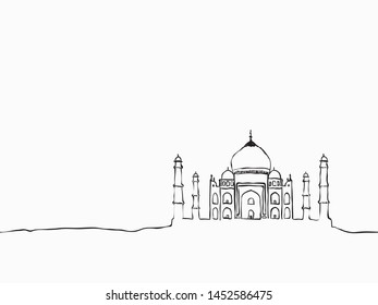 black simple childish continuous hand drawn  line art  taj mahal of Agra, India on white background for wallpaper, label, banner, wrapping etc. vector design.