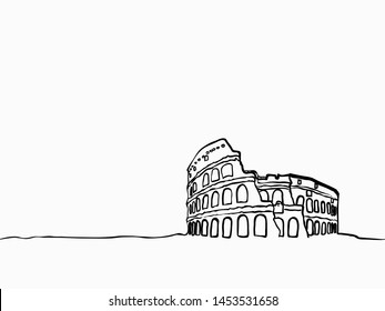black simple childish continuous hand drawn  line art  coliseum of Rome, Italy on white background for wallpaper, label, banner, wrapping etc. vector design.