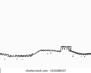 Black Simple Childish Continuous Hand Drawn  Line Art The Great Wall Of China On White Background For Wallpaper, Label, Banner, Wrapping Etc. Vector Design.