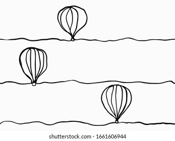 black simple childish continuous hand drawn line art hot air balloon on the sky seamless pattern for wallpaper, label, banner, wrapping etc. vector design.