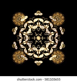 Black simple Christmas pattern - varied Xmas gold snowflakes with dots. Happy New Year winter background. Vector design for textile, wallpaper, fabric, wrapping paper.