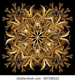 Black simple Christmas pattern - varied Xmas gold snowflakes with dots. Happy New Year winter background. Vector design for textile, wallpaper, fabric, wrapping paper.