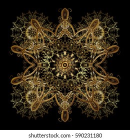Black simple Christmas pattern - varied Xmas gold snowflakes with dots. Happy New Year winter background. Vector design for textile, wallpaper, fabric, wrapping paper.