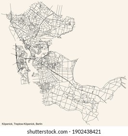 Black simple detailed city street roads map plan on vintage beige background of the neighbourhood Köpenick locality of the Treptow-Köpenick of borough of Berlin, Germany