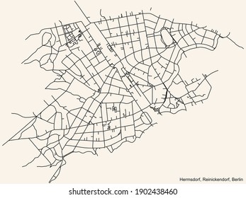 Black Simple Detailed City Street Roads Map Plan On Vintage Beige Background Of The Neighbourhood Hermsdorf Locality Of The Reinickendorf Of Borough Of Berlin, Germany