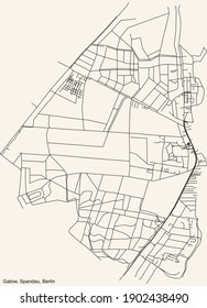 Black simple detailed city street roads map plan on vintage beige background of the neighbourhood Gatow locality of the Spandau of borough of Berlin, Germany