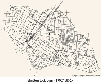 Black simple detailed city street roads map plan on vintage beige background of the neighbourhood Steglitz locality of the Steglitz-Zehlendorf of borough of Berlin, Germany