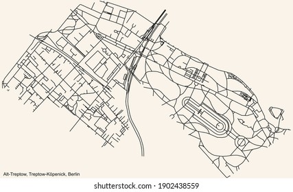 Black simple detailed city street roads map plan on vintage beige background of the neighbourhood Alt-Treptow locality of the Treptow-Köpenick of borough of Berlin, Germany