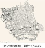 Black simple detailed street roads map on vintage beige background of the neighbourhood London Borough of Newham, England, United Kingdom