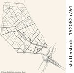 Black simple detailed street roads map on vintage beige background of the El Raval neighbourhood of the Ciutat Vella district of Barcelona, Spain