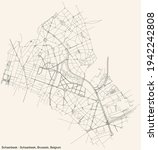 Black simple detailed street roads map on vintage beige background of the quarter Schaerbeek municipality of Brussels, Belgium