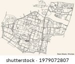 Black simple detailed street roads map on vintage beige background of the quarter Stare Miasto district of Wroclaw, Poland