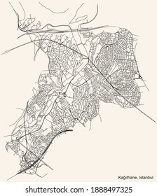 Black simple detailed street roads map on vintage beige background of the neighbourhood district Kağıthane of Istanbul, Turkey