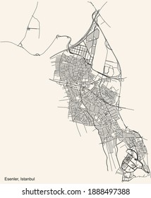 Black simple detailed street roads map on vintage beige background of the neighbourhood district Esenler of Istanbul, Turkey