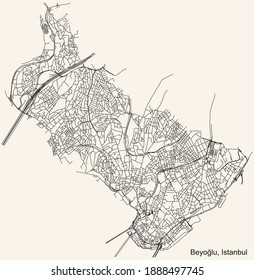 Black simple detailed street roads map on vintage beige background of the neighbourhood district Beyoğlu of Istanbul, Turkey