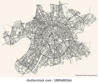 Black Simple Detailed Street Roads Map On Vintage Beige Background Of The Neighbourhood Central Administrative Okrug Of Moscow, Russia