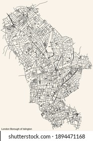 Black simple detailed street roads map on vintage beige background of the neighbourhood London Borough of Islington, England, United Kingdom