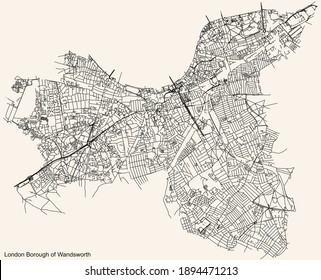 Black simple detailed street roads map on vintage beige background of the neighbourhood London Borough of Wandsworth, England, United Kingdom