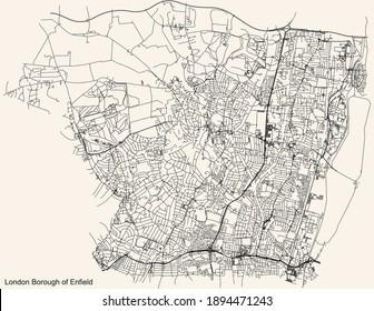 Black simple detailed street roads map on vintage beige background of the neighbourhood London Borough of Enfield, England, United Kingdom