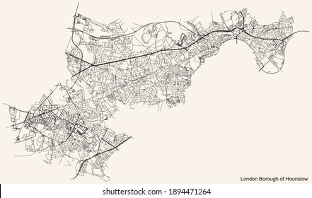 Black simple detailed street roads map on vintage beige background of the neighbourhood London Borough of Hounslow, England, United Kingdom