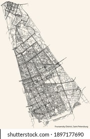 Black simple detailed street roads map on vintage beige background of the neighbourhood Frunzensky District of Saint Petersburg, Russia