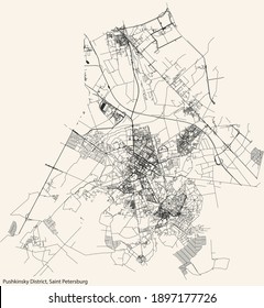 Black simple detailed street roads map on vintage beige background of the neighbourhood Pushkinsky District of Saint Petersburg, Russia