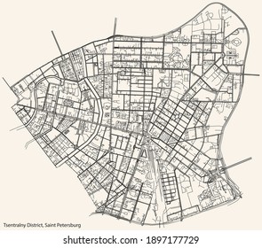 Black simple detailed street roads map on vintage beige background of the neighbourhood Tsentralny District of Saint Petersburg, Russia