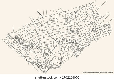 Black simple detailed street roads map on vintage beige background of the neighbourhood Niederschönhausen locality of the Pankow borough of Berlin, Germany