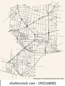 Black simple detailed street roads map on vintage beige background of the neighbourhood Wilmersdorf locality of the Charlottenburg-Wilmersdorf borough of Berlin, Germany