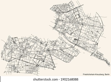 Black simple detailed street roads map on vintage beige background of the neighbourhood Friedrichshain-Kreuzberg borough of Berlin, Germany