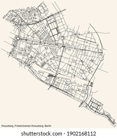 Black simple detailed street roads map on vintage beige background of the neighbourhood Friedrichshain locality of the Friedrichshain-Kreuzberg borough of Berlin, Germany