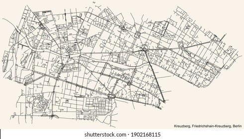 Black simple detailed street roads map on vintage beige background of the neighbourhood Kreuzberg locality of the Friedrichshain-Kreuzberg borough of Berlin, Germany