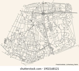 Black simple detailed street roads map on vintage beige background of the neighbourhood Friedrichsfelde locality of the Lichtenberg borough of Berlin, Germany