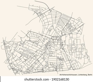 Black simple detailed street roads map on vintage beige background of the neighbourhood Alt-Hohenschönhausen locality of the Lichtenberg borough of Berlin, Germany