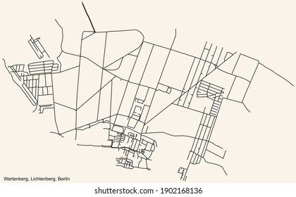 Black simple detailed street roads map on vintage beige background of the neighbourhood Wartenberg locality of the Lichtenberg borough of Berlin, Germany