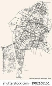 Black simple detailed street roads map on vintage beige background of the neighbourhood Marzahn locality of the Marzahn-Hellersdorf borough of Berlin, Germany
