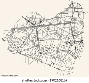 Black Simple Detailed Street Roads Map On Vintage Beige Background Of The Neighbourhood Tiergarten Locality Of The Mitte Borough Of Berlin, Germany